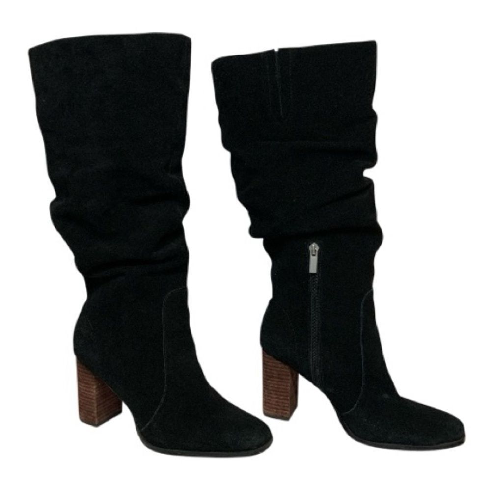 Splendid Gladis Black Suede Leather Ruched Knee High Heeled Boots Size 8.5